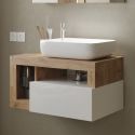 ARTURO - Meuble Vasque 78cm suspendu 1 tiroirs blanc laqué et aspect bois finition Cadiz