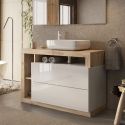 ARTURO - Meuble Vasque 110cm 2 tiroirs blanc laqué et aspect bois finition Cadiz
