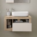 ARTURO - Meuble Vasque 78cm suspendu 1 tiroirs beige laqué et aspect bois finition Cadiz