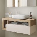ARTURO - Meuble Vasque 110cm suspendu 1 tiroirs beige laqué et aspect bois finition Cadiz