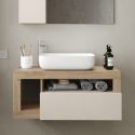 ARTURO - Meuble Vasque 92cm suspendu 1 tiroirs beige laqué et aspect bois finition Cadiz