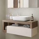 ARTURO - Meuble Vasque 110cm suspendu 1 tiroirs beige laqué et aspect bois finition Mercure