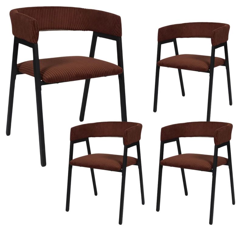 Lot de 4 fauteuils de table design en métal et velours côtelé coloris terracotta - AMORY