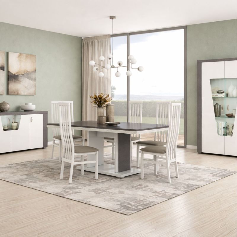 Séjour complet buffet + table repas + vitrine 2 portes blanc et imitation granit gris - NEWELL