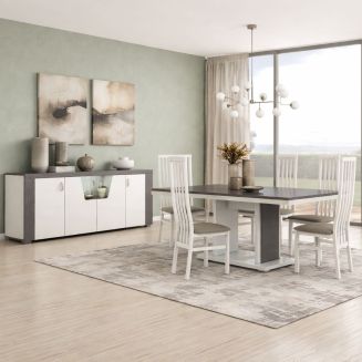 Ensemble séjour buffet et table repas blanc et imitation granit gris - NEWELL