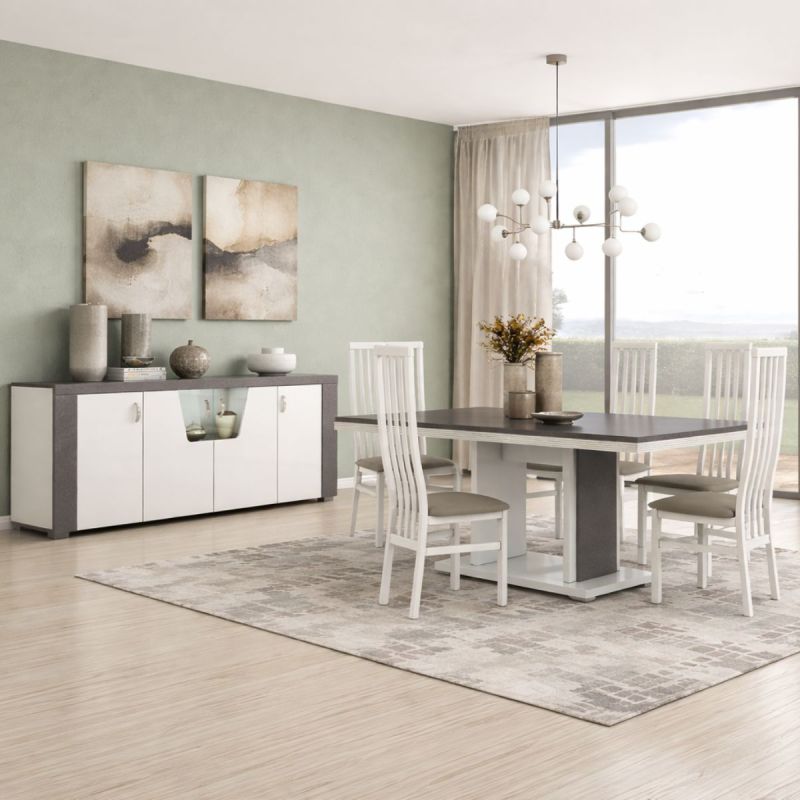Ensemble séjour buffet et table repas blanc et imitation granit gris - NEWELL