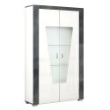 Séjour complet buffet + table repas + vitrine 2 portes blanc et imitation granit gris - NEWELL