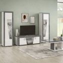 Ensemble salon complet table basse + meuble TV + 2 vitrines blanc et imitation granit gris - NEWELL