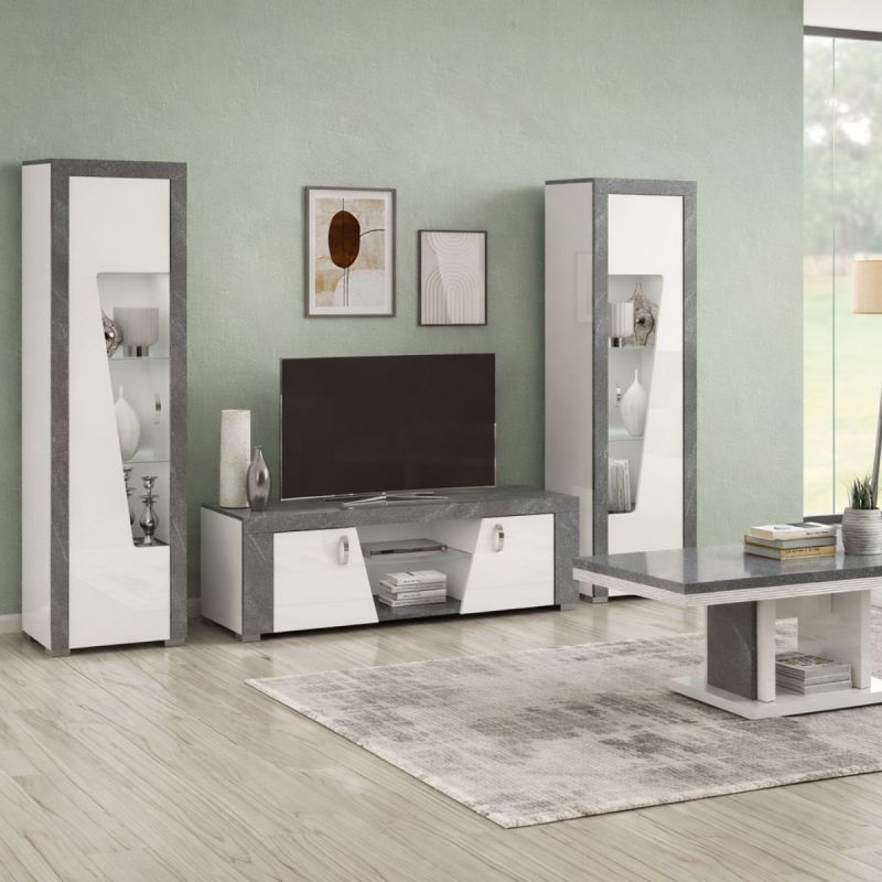 Ensemble salon complet table basse + meuble TV + 2 vitrines blanc et imitation granit gris - NEWELL