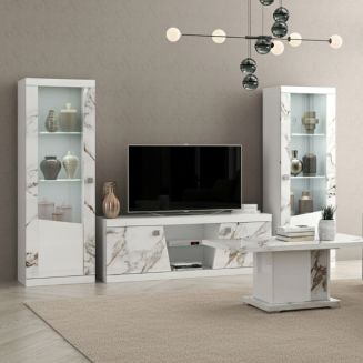 Ensemble salon complet table basse + meuble TV + 2 vitrines blanc et imitation marbre - ETOLIS