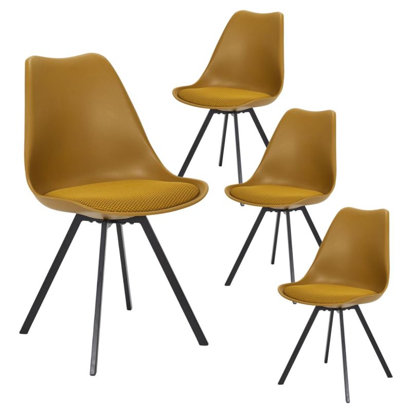 Lot de 4 chaises coque plastique et coussin en tissu texturé maille 3D jaune - ELECTRON