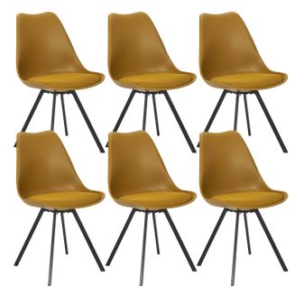 Lot de 6 chaises coque plastique et coussin en tissu texturé maille 3D jaune - ELECTRON