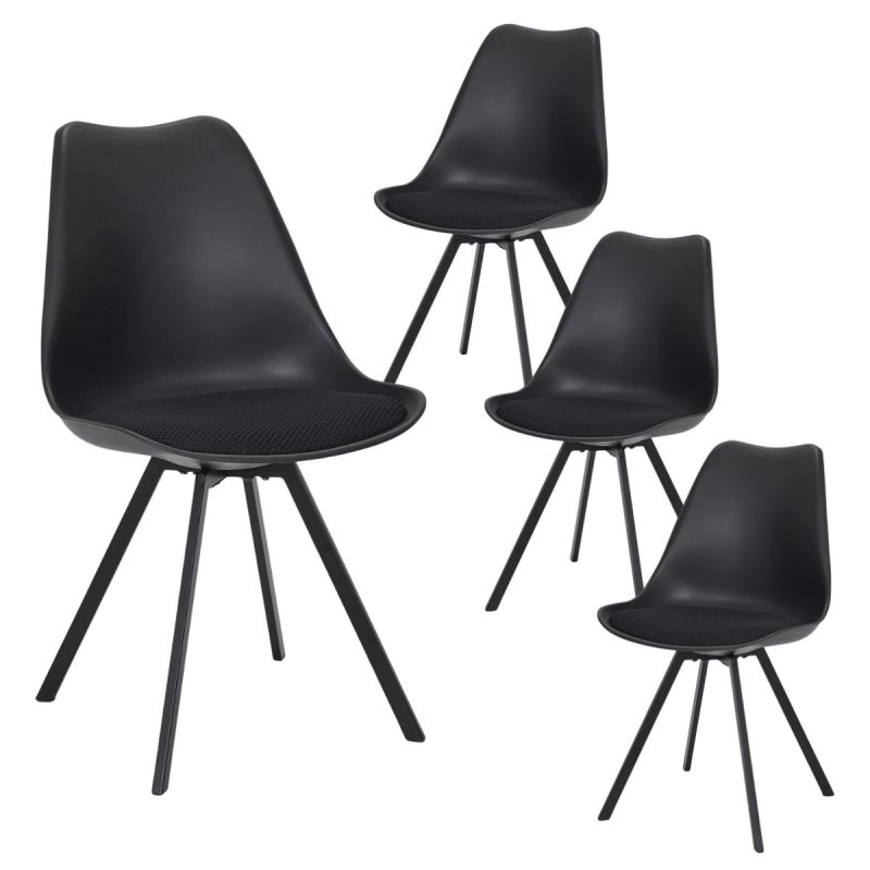 Lot de 4 chaises coque plastique et coussin en tissu texturé maille 3D noir - ELECTRON