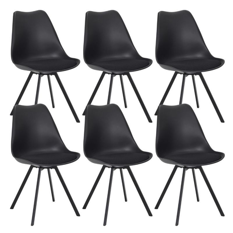 Lot de 6 chaises coque plastique et coussin en tissu texturé maille 3D noir - ELECTRON