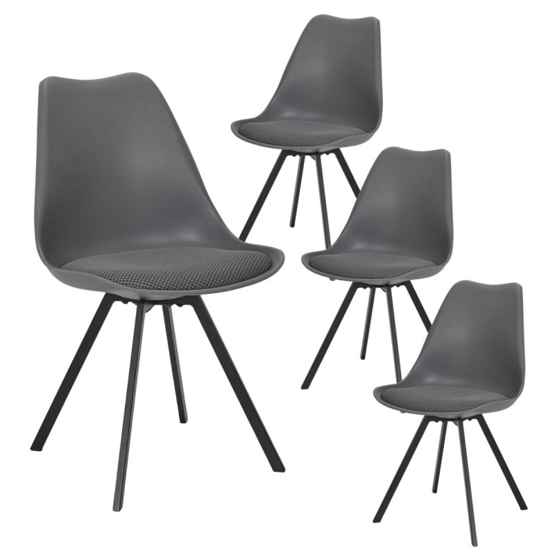 Lot de 4 chaises coque plastique et coussin en tissu texturé maille 3D gris - ELECTRON