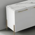 Buffet 4 portes laqué blanc plateau marbré pieds et poignées métal doré - CARAT
