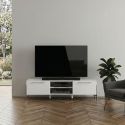Meuble TV 2 portes laqué blanc pieds et poignées métal anthracite - CARAT