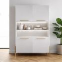 Buffet haut 4 portes laqué blanc plateau marbré pieds et poignées métal doré + Leds - CARAT