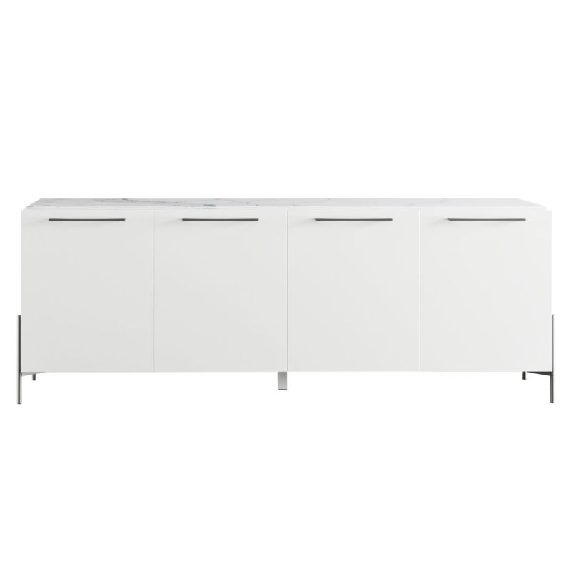 Buffet 4 portes laqué blanc plateau marbré pieds et poignées métal anthracite - CARAT