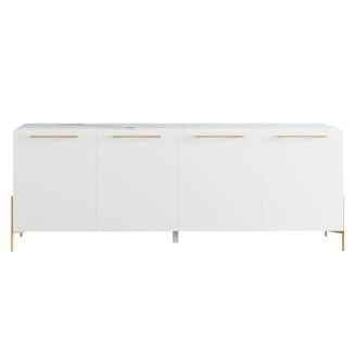 Buffet 4 portes laqué blanc plateau marbré pieds et poignées métal doré - CARAT