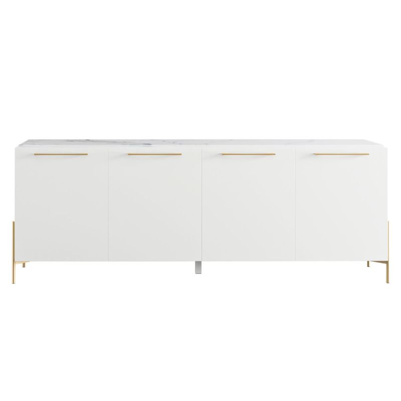 Buffet 4 portes laqué blanc plateau marbré pieds et poignées métal doré - CARAT