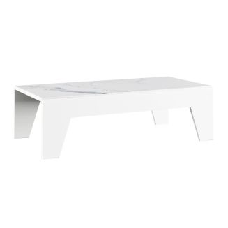 Table basse laqué blanche plateau marbré pieds biseautés design- CARAT