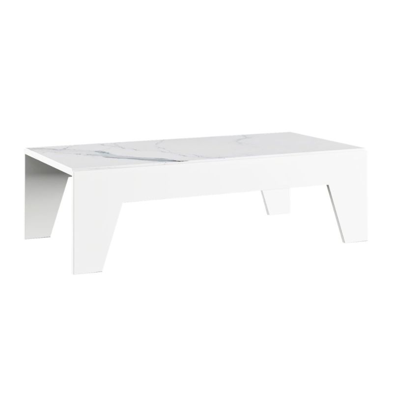 Table basse laqué blanche plateau marbré pieds biseautés design- CARAT