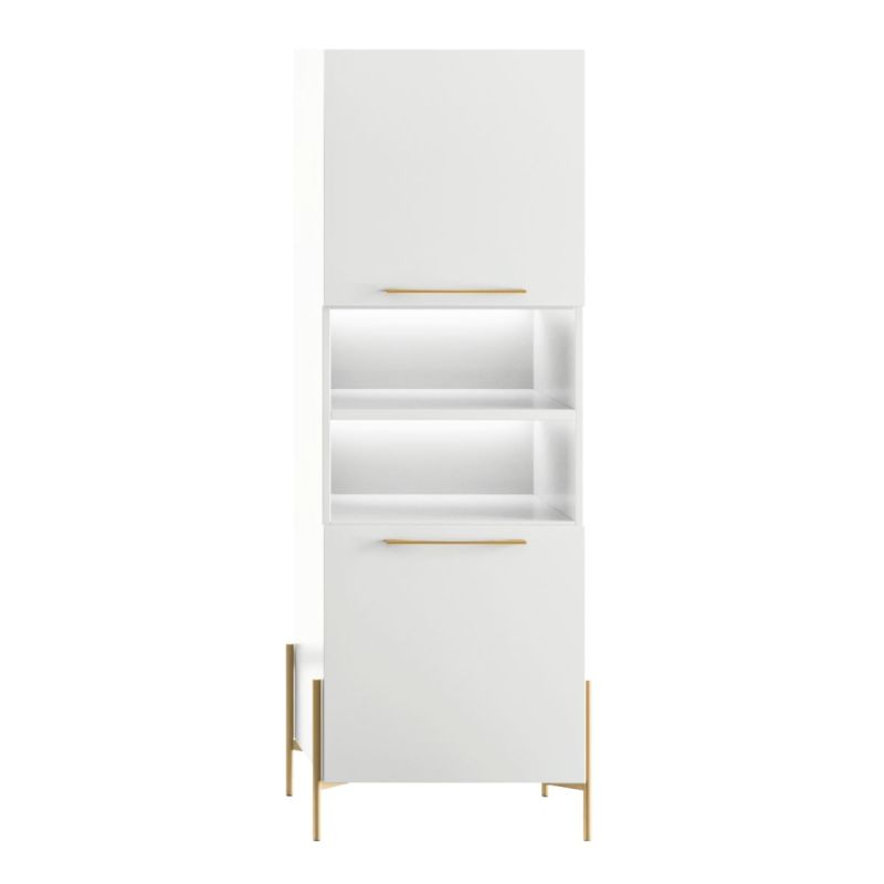 Rangement 2 portes laqué blanc pieds et poignées métal doré + Leds - CARAT