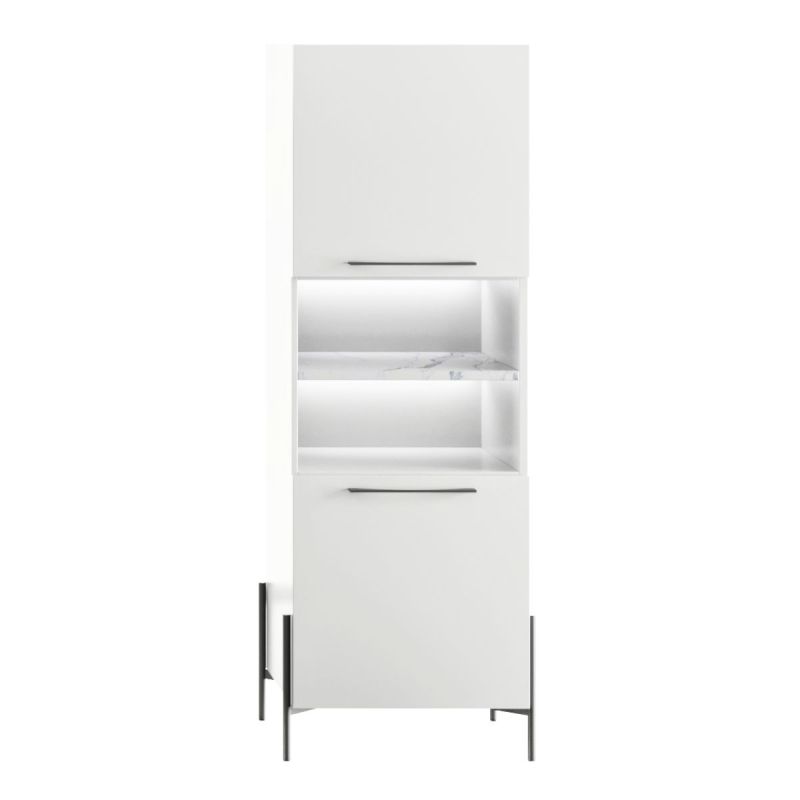 Rangement 2 portes laqué blanc plateau marbré pieds et poignées métal anthracite + Leds - CARAT