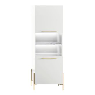 Rangement 2 portes laqué blanc plateau marbré pieds et poignées métal doré + Leds - CARAT