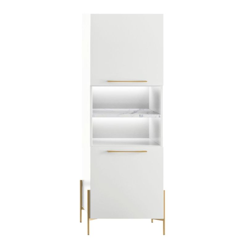 Rangement 2 portes laqué blanc plateau marbré pieds et poignées métal doré + Leds - CARAT