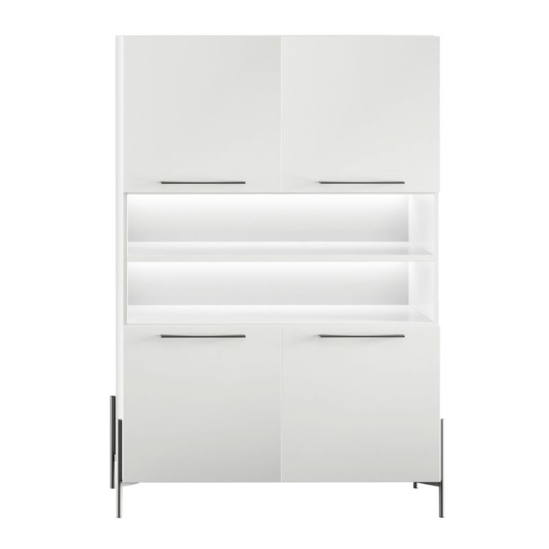 Buffet haut 4 portes laqué blanc pieds et poignées métal anthracite + Leds - CARAT