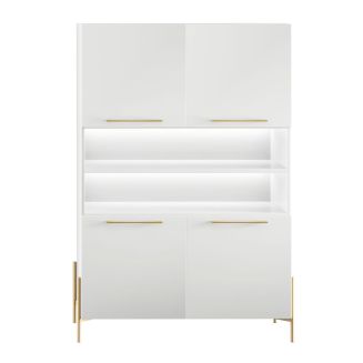 Buffet haut 4 portes laqué blanc pieds et poignées métal doré + Leds - CARAT