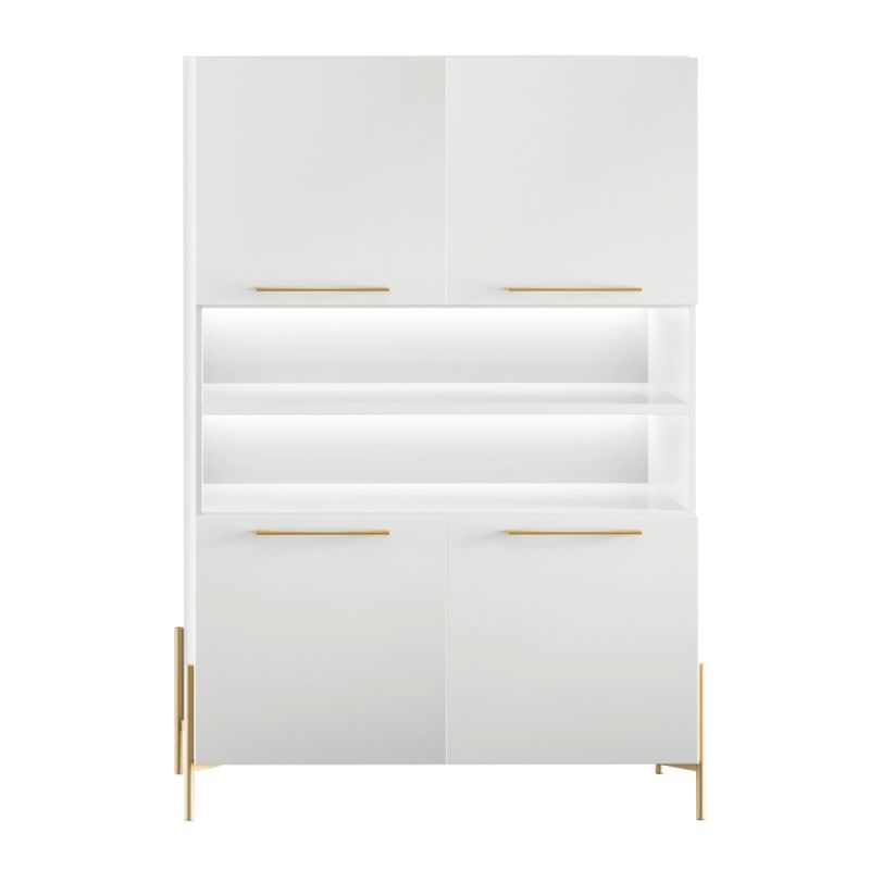 Buffet haut 4 portes laqué blanc pieds et poignées métal doré + Leds - CARAT