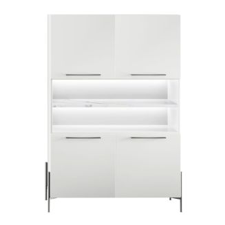 Buffet haut 4 portes laqué blanc plateau marbré pieds et poignées métal anthracite + Leds - CARAT