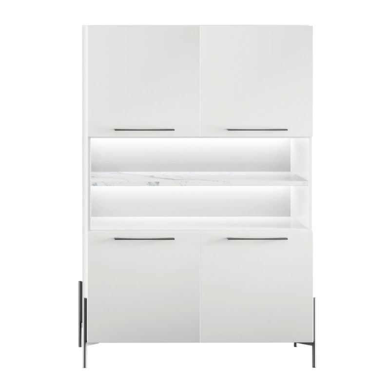 Buffet haut 4 portes laqué blanc plateau marbré pieds et poignées métal anthracite + Leds - CARAT
