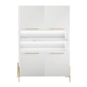 Buffet haut 4 portes laqué blanc plateau marbré pieds et poignées métal doré + Leds - CARAT