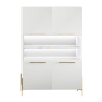 Buffet haut 4 portes laqué blanc plateau marbré pieds et poignées métal doré + Leds - CARAT