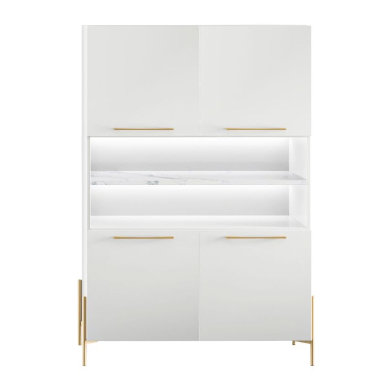 Buffet haut 4 portes laqué blanc plateau marbré pieds et poignées métal doré + Leds - CARAT