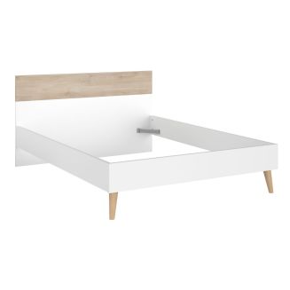 Lit 140x190 cadre blanc et tête de lit avec bandeau finition aspect bois - BORGALL