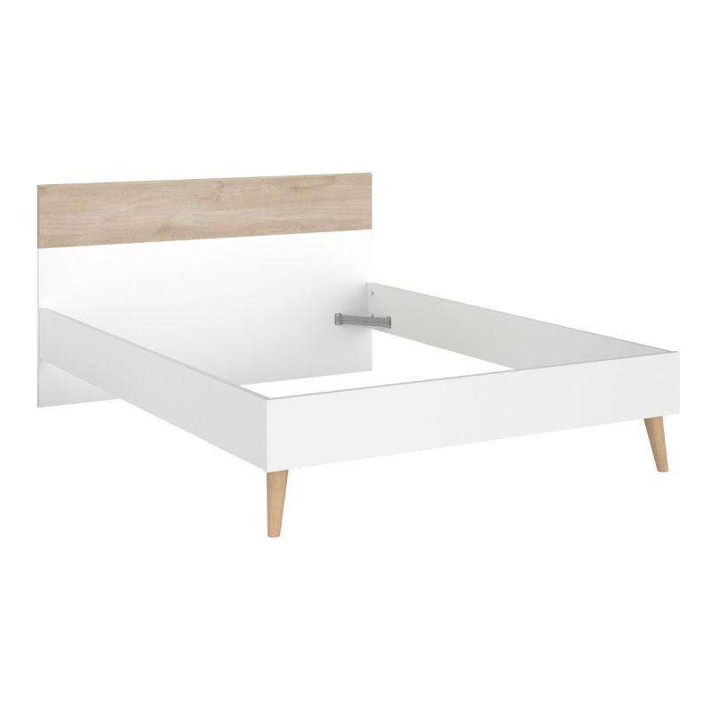 Lit 140x200 cadre blanc et tête de lit avec bandeau finition aspect bois - BORGALL