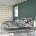 Lit 140x200 cadre blanc et tête de lit avec bandeau finition aspect bois - BORGALL