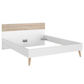 Lit 160x200 cadre blanc et tête de lit avec bandeau finition aspect bois - BORGALL