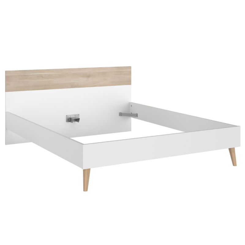 Lit 160x200 cadre blanc et tête de lit avec bandeau finition aspect bois - BORGALL