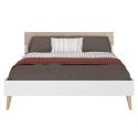 Lit 160x200 cadre blanc et tête de lit avec bandeau finition aspect bois - BORGALL