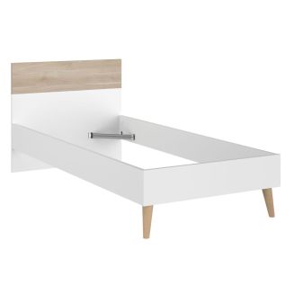 Lit 90x190 cadre blanc et tête de lit avec bandeau finition aspect bois - BORGALL