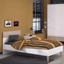 Lit 90x190 cadre blanc et tête de lit avec bandeau finition aspect bois - BORGALL