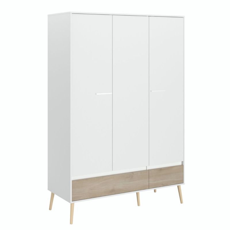 Armoire 3 portes blanche et 1 tiroir avec façade finition aspect bois - BORGALL