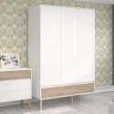 Armoire 3 portes blanche et 1 tiroir avec façade finition aspect bois - BORGALL