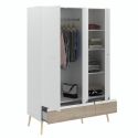 Armoire 3 portes blanche et 1 tiroir avec façade finition aspect bois - BORGALL